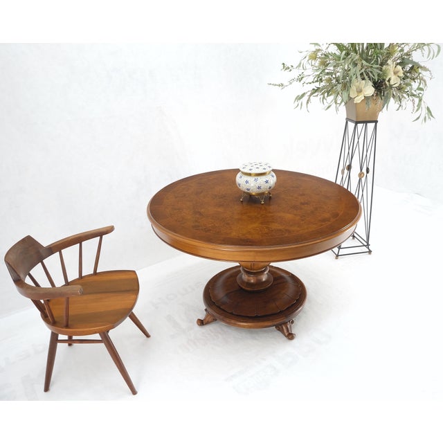 Mid-Century Modern Burl Walnut Wood Top Round Carved Lotus Shape Base Dining Center Table For Sale - Image 3 of 12
