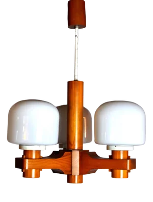 Nordic Wooden & Opaline Chandelier, Denmark, 1970
