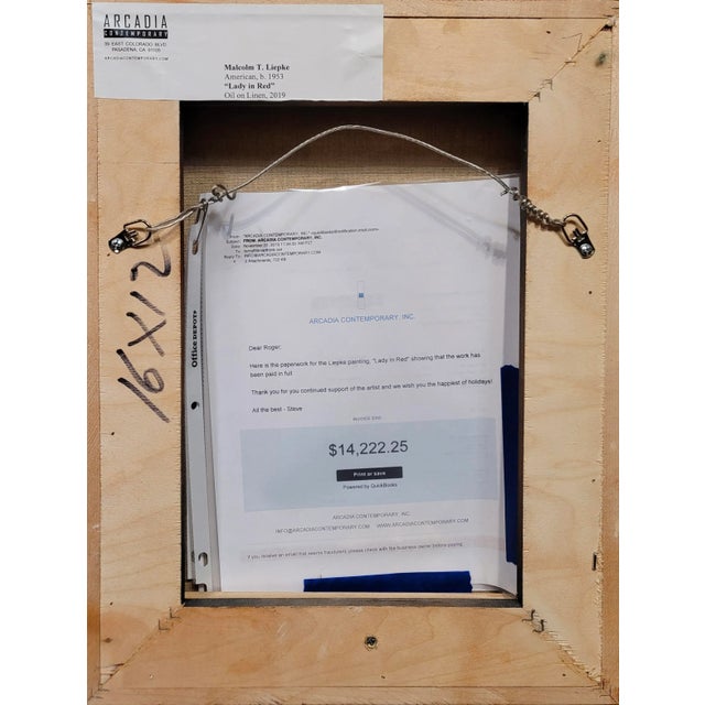 Malcolm Liepke -Melancholic Girl Wearing a Red Coat -Oil Painting For Sale - Image 10 of 10