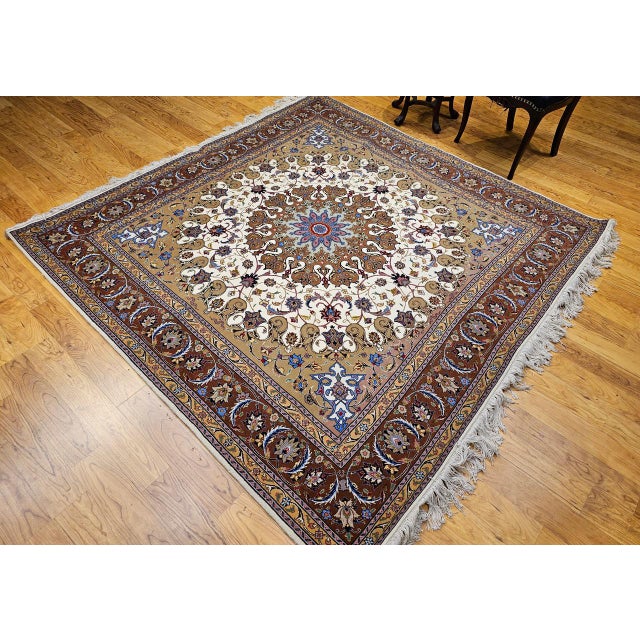 Textile Vintage Persian Tabriz Square Area Rug, Hand-Knotted Wool & Silk, Fine Medallion Floral Pattern, Ivory & Brown, 7x7 For Sale - Image 7 of 16