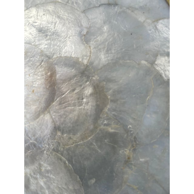 Cream Mid 20th Century Natural Capiz Shell and Cork Round Placemat Chargers With Brass Rims - Set of 6 For Sale - Image 8 of 12