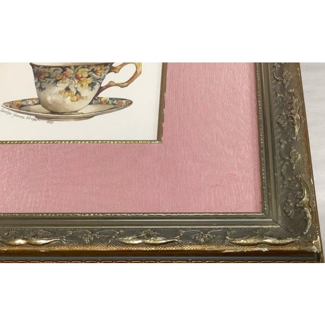 Shabby Chic Set of Four English Country Floral Teacup Signed Prints in Decorative Gilt Frames With Hollywood Provenance For Sale - Image 3 of 4