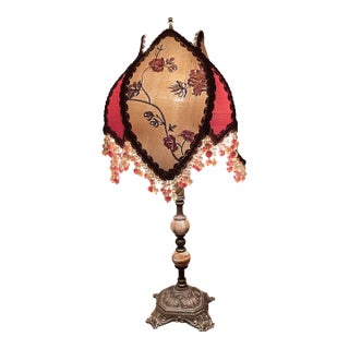 Vintage Victorian Table Lamp by Handley Industries & Lavish Lamps Beaded Fringe Shade For Sale