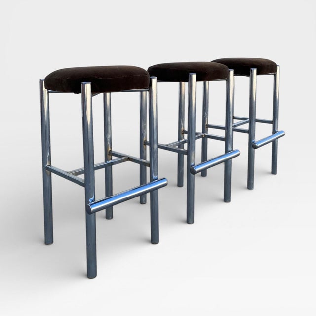 Chrome Bar Stools With Chocolate Velvet Seats, Set of Three,Vintage Mid Century For Sale - Image 9 of 18