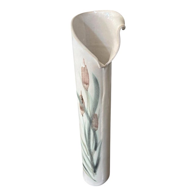 Late 20th Century Signed Ivory Ceramic Cattail Vase With Sculptural Folded Rim Organic Modern For Sale