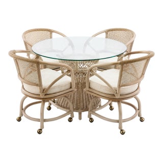 Vintage Rattan Dining Set, White Bamboo Boho Table With Glass Top For Sale