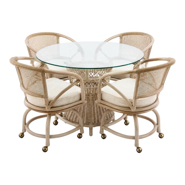 Vintage Rattan Dining Set, White Bamboo Boho Table With Glass Top For Sale
