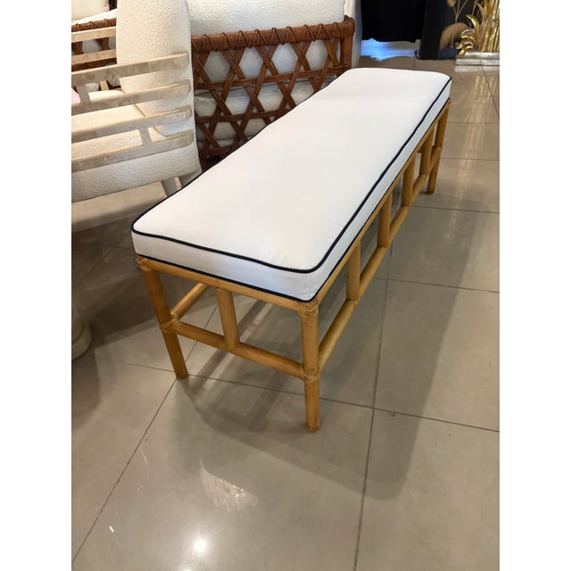 1970s Vintage Palm Beach Rattan Bench Newly Upholstered Navy Blue & White For Sale - Image 5 of 10