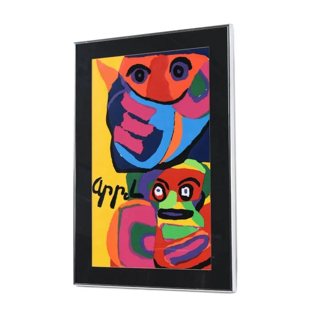 Vintage 1960s Karel Appel rhino and monkey framed print. The bold artist made his plate signature part of the image. The...