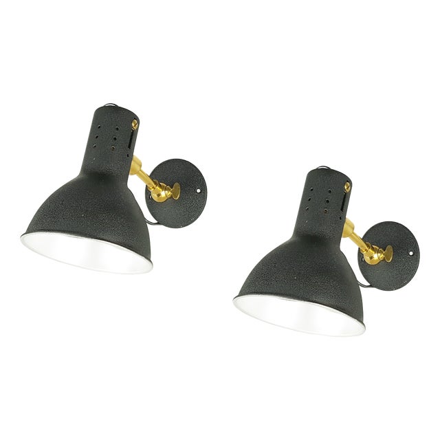 Mid-Century Modern Adjustable Wall Lamps in Black Painted Aluminum and Brass, 1950s, Set of 2 For Sale