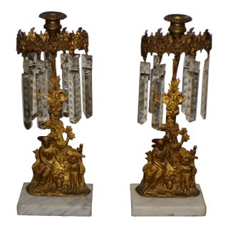 Pair Antique Victorian Girandoles Brass Marble Crystal Candelabra Candle Holders For Sale