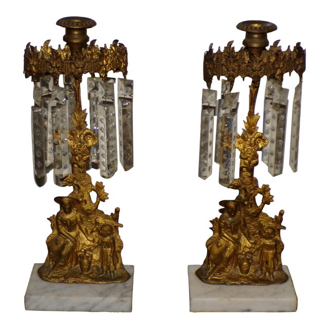 Pair Antique Victorian Girandoles Brass Marble Crystal Candelabra Candle Holders For Sale