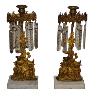 Pair Antique Victorian Girandoles Brass Marble Crystal Candelabra Candle Holders