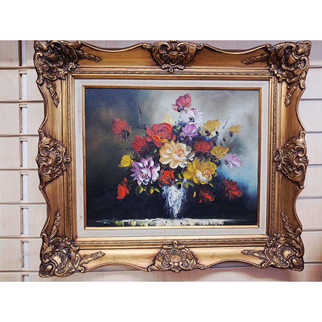 Vintage Floral Oil Painting on Canvas with Ornate Gilt Frame Flowers, Circa 1980 For Sale - Image 18 of 18
