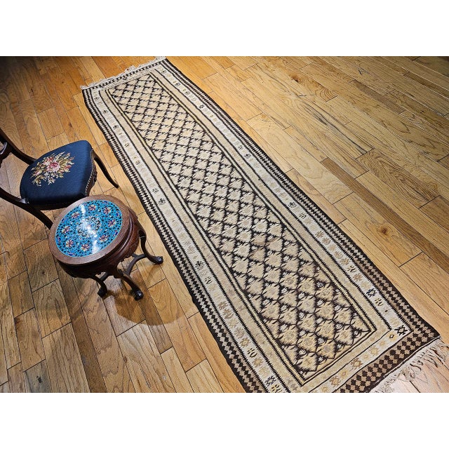 Beige Vintage Persian Qazvin Tribal Kilim Runner, Handwoven Wool, Allover Paisley Pattern, Tan & Brown, 3x11 For Sale - Image 8 of 18