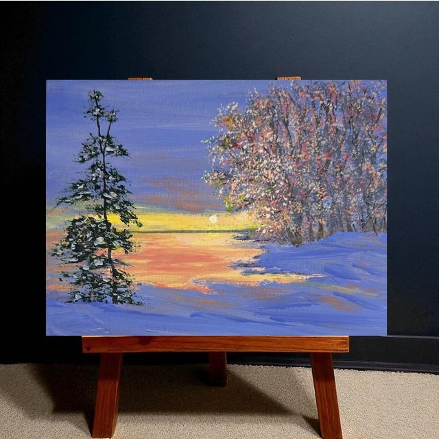 Own a captivating piece of art showcasing a serene winter twilight landscape. This original acrylic painting offers...