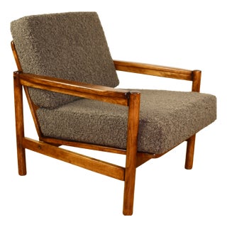 Vintage Wooden Armchair in Chocolate Brown Boucle Lamb from Z. Baczyk For Sale