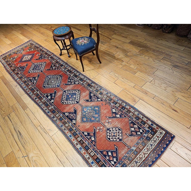 Persian Antique Persian Kurdish Bidjar Runner Rug, Hand-Knotted Wool, Geometric Pattern, Terracotta & Navy, 3x13 For Sale - Image 3 of 17