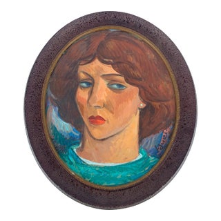 Vintage Female Portrait Painting Side Eyed Blue Eyes Framed Signed Yuri Double Sided For Sale