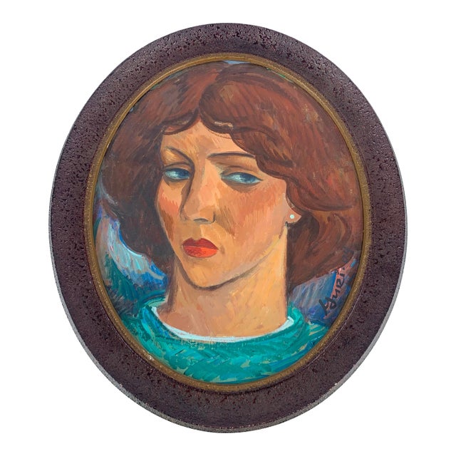 Vintage Female Portrait Painting Side Eyed Blue Eyes Framed Signed Yuri Double Sided For Sale