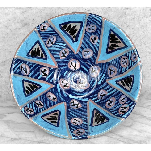Mid-Century Modern Vintage 16" Abstract Blue Art Pottery Centerpiece Bowl For Sale - Image 3 of 8