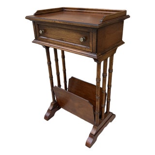 Mid-20th Century Brandt Walnut Faux Bamboo Side Table With Drawer & Magazine Rack For Sale