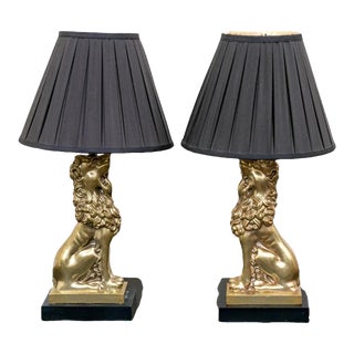 Pair of 1980s Robert Abbey Brass Lion Table Lamps With Pleated Ebony Lampshades For Sale