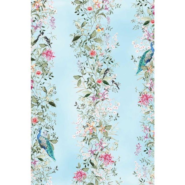 Mahjong Floral Stripe Grasscloth Wallpaper by House Party | Bam Blue | 8 Yards For Sale - Image 4 of 8