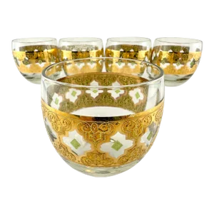 Mid Century 1960s Culver Gold Roly Poly Glassware, Set of 5
