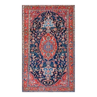 1930s Blue Navy Floral-Medallion Antique Persian Bakhtiari Rug Hand Knotted 7'0" X 11'6 Wool Carpet For Sale