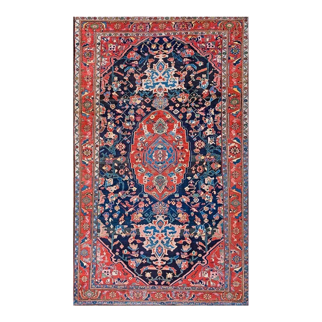 1930s Blue Navy Floral-Medallion Antique Persian Bakhtiari Rug Hand Knotted 7'0" X 11'6 Wool Carpet For Sale
