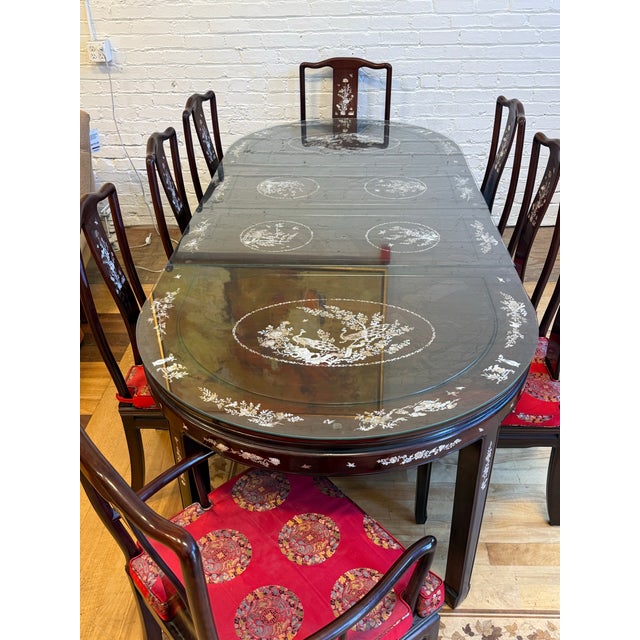 Vintage Qing Style Rosewood Dining Table + Chairs With Mother of Pearl Inlays, Set For Sale - Image 4 of 12