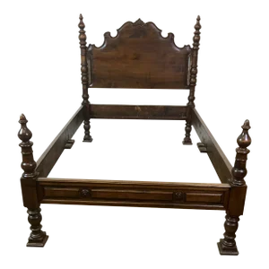 Antique Italian Twin Walnut Bed With Hand Carved Columns at Headboard and Footboard