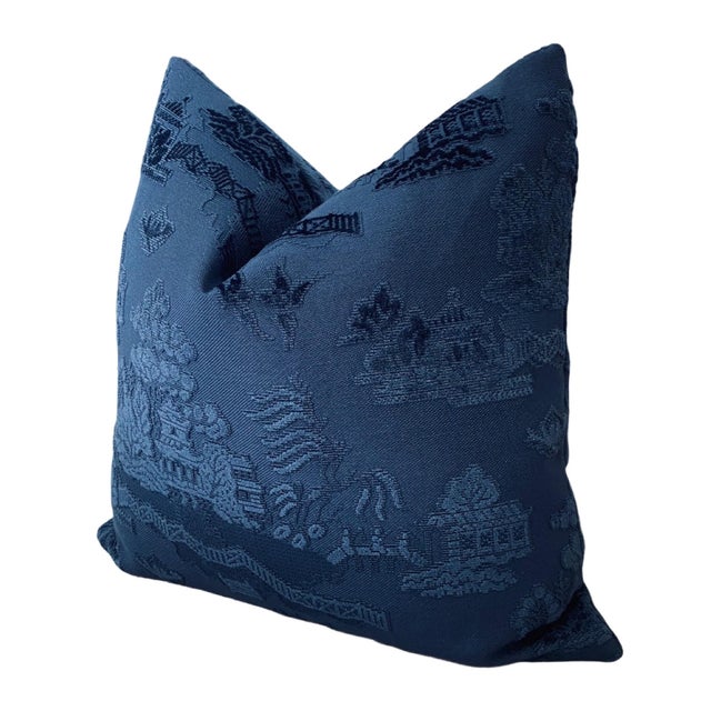 Chinoiserie Custom Pagoda 20" Down Filled Pillow - Blue For Sale - Image 3 of 5