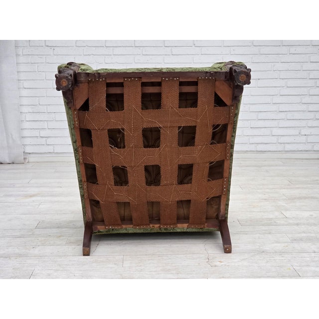 Danish Armchair in Green Velour and Carved Oak, 1950s For Sale - Image 4 of 18