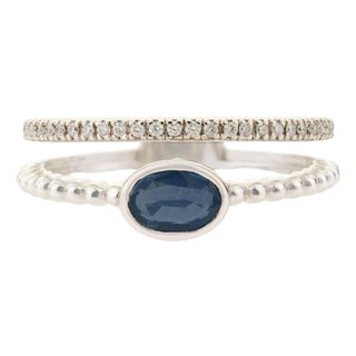 14k Gold Modern Blue Sapphire & Diamond Beaded Double Band Ring Size 5 For Sale