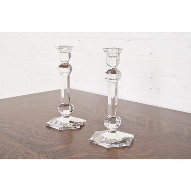 A gorgeous pair of crystal candlesticks By Val St. Lambert (signed at the base) Belgium, Late 20th Century Measures:...