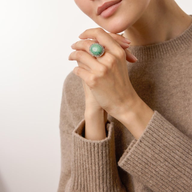 1980s Vintage Turquoise Diamond 18k Two Tone Cocktail Ring, Size 5.5 For Sale - Image 5 of 6