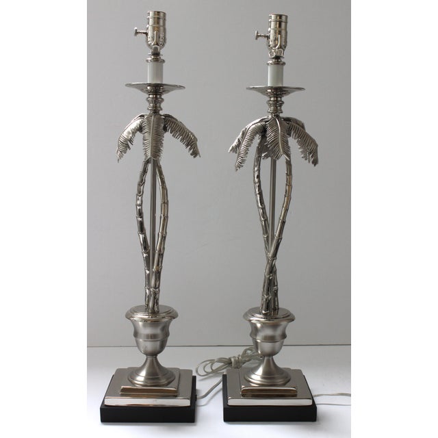 Stylish Nickel Plated Palm Tree with coconuts pair of table lamps Maison Jansen style - high gloss and satin finish nickel...