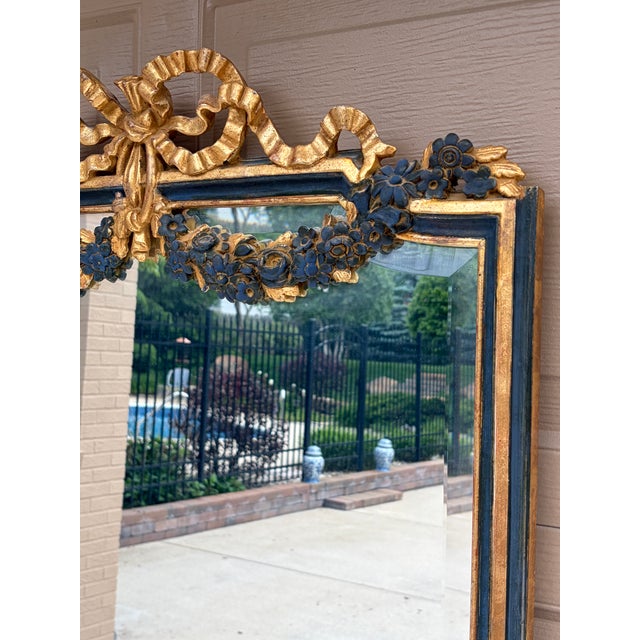 Late 20th Century Late 20th Century Italian Giltwood Mirror With Blue Painted Details and Floral Swags For Sale - Image 5 of 12