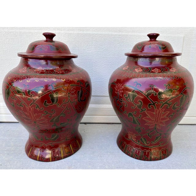 Antique 19th Century Pair of Chinese Red Black Lacquer Paper Mache Temple Jars Floral Motif For Sale - Image 4 of 12