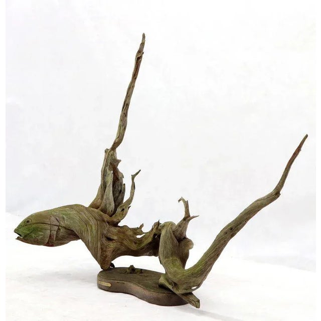 Brown Large Natural Wood Fish Shape Driftwood Sculpture Artist Signed For Sale - Image 8 of 13