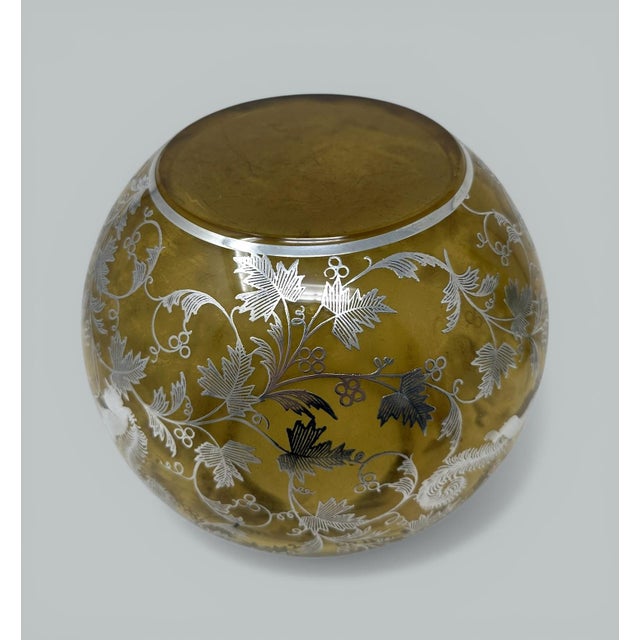 Art Nouveau Antique Vintage Sterling Silver Overlaid Amber Glass Bowl Vase Centerpiece 1900 For Sale - Image 3 of 8