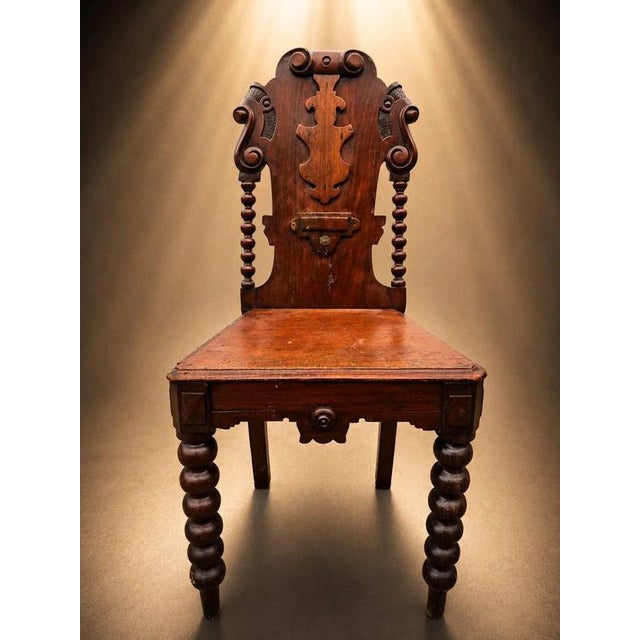 Late Victorian Carved Oak Hall Chair with Barley Twist Legs, 1890 For Sale - Image 4 of 11