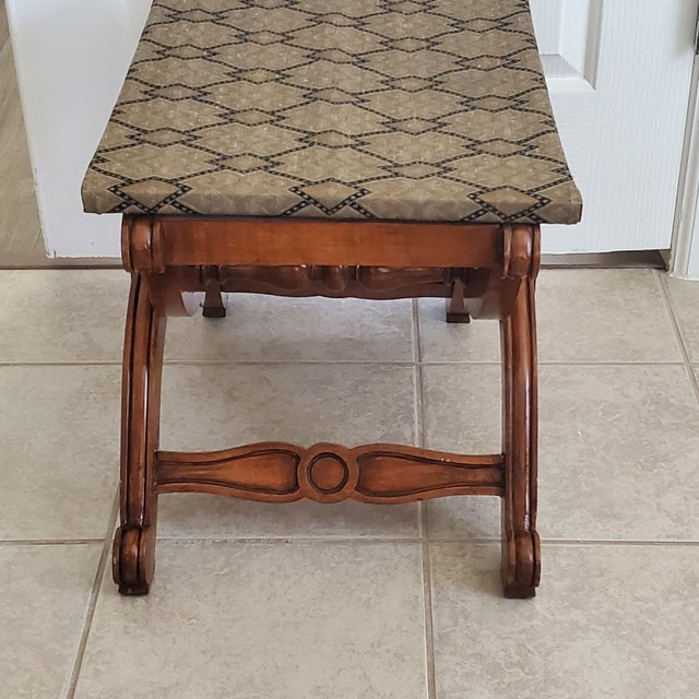 Late 20th Century Curule Style Carved Wood Stool Collapsible X Base Fabric Seat For Sale In Austin - Image 6 of 10