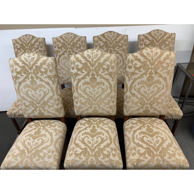 Tan French Louis XIII Style High Back Damask Dining Chairs, Set of Seven For Sale - Image 8 of 12