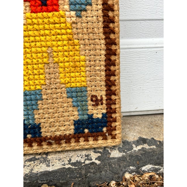 Mid 20th Century Scandinavian Folk Art Crewel Cross Stitch on Burlap For Sale - Image 4 of 7