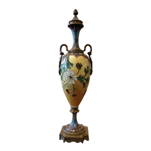 Antique Sevres Enamel Signed Champleve Yellow Vase