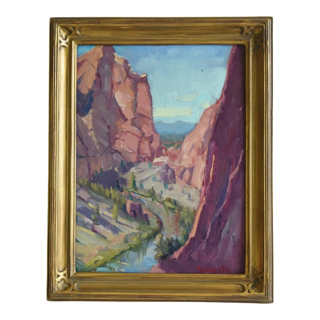 Silvio Silvestri, Listed Artist Canyon Mountains & River Landscape Oil Painting Including Antiqued Gold Frame For Sale