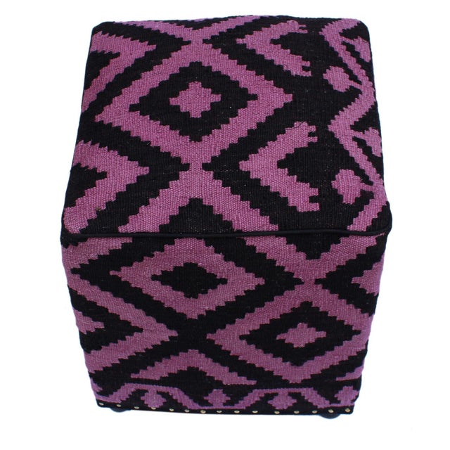 1990s Boho Chic Tribal Handmade Kilim Upholstered Ottoman For Sale - Image 4 of 9